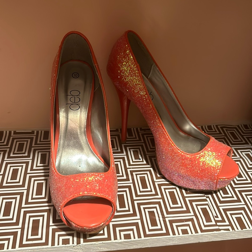 5 inch sparkly pink stiletto, open toe heel size 10